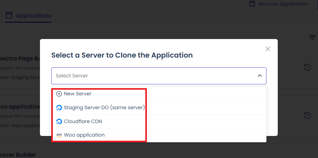 Next to the application you want to clone, click on the three-dot menu. From the options that appear, select "Clone App/Create Staging."